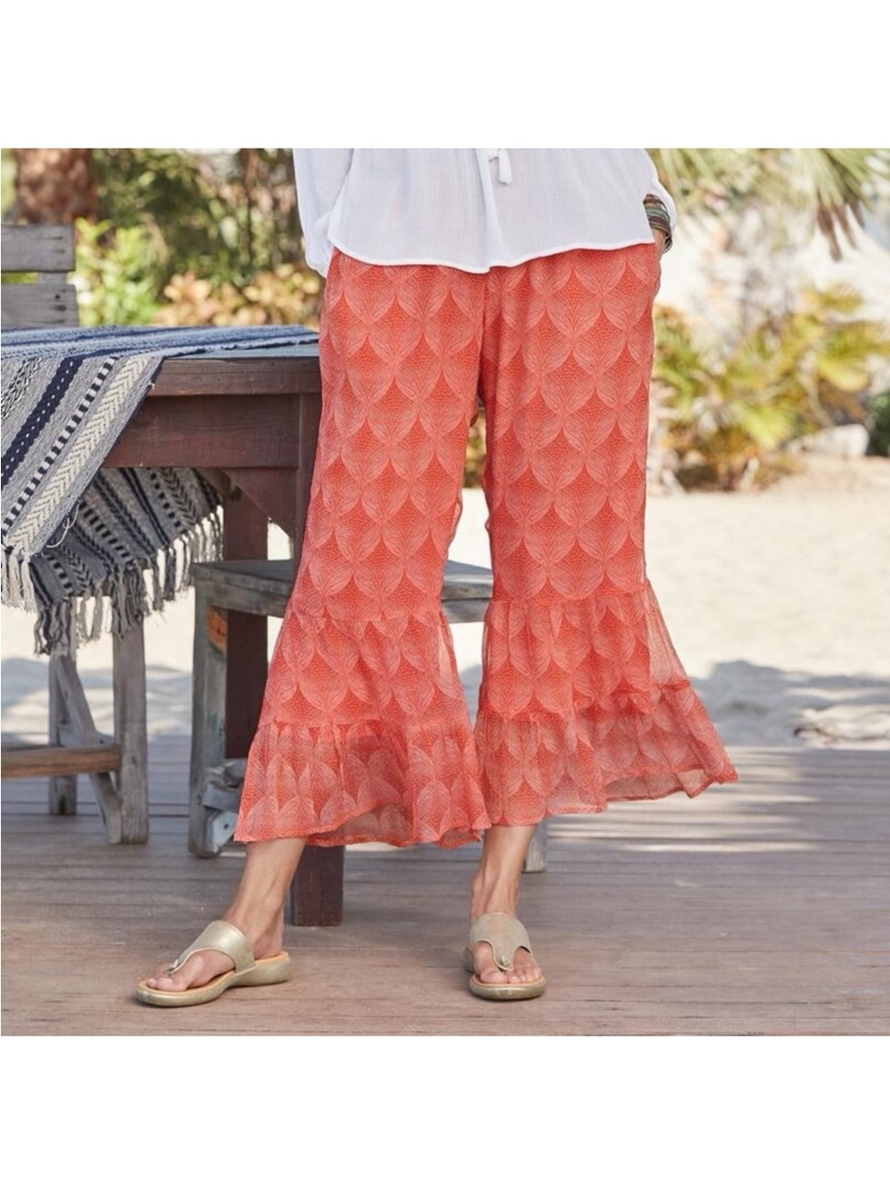 NWT Sundance Tahitian Stroll Cropped Ruffle Pants, Coral, 100% Cupro, Size XL
